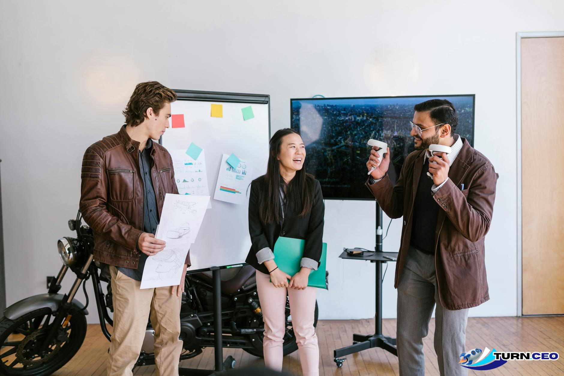 Business team collaborating around a whiteboard with process diagrams