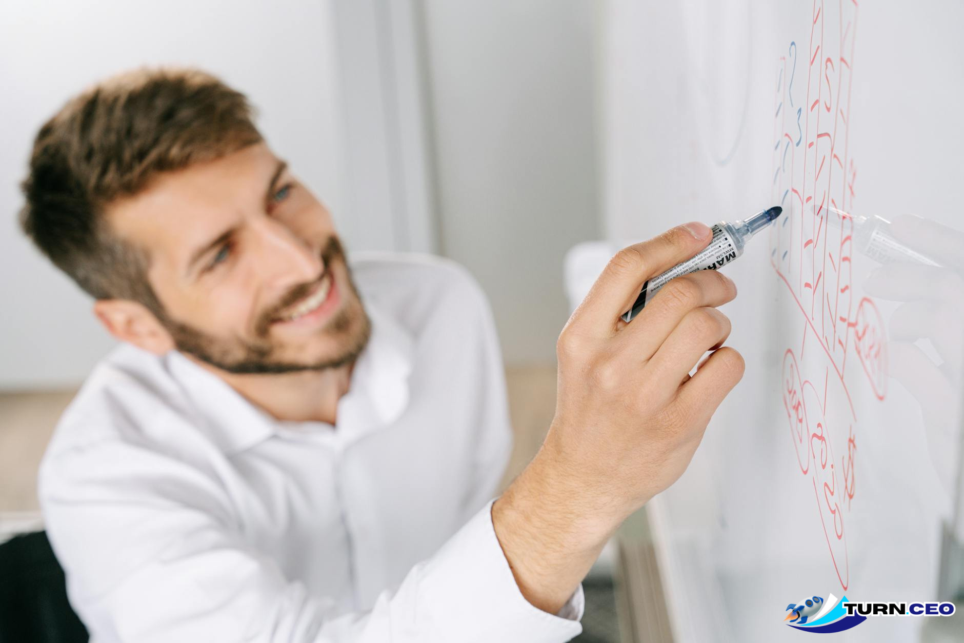 business executive writing on whiteboard during strategy session