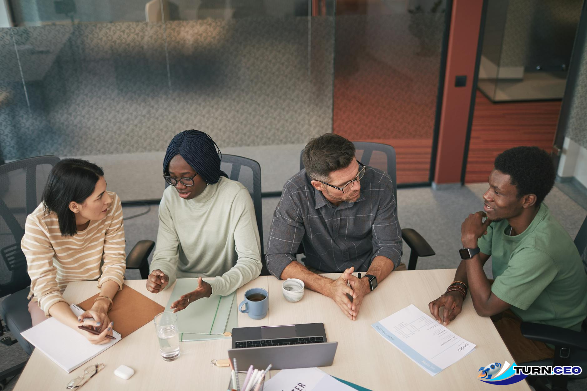 Professional business meeting with diverse team discussing workplace policies