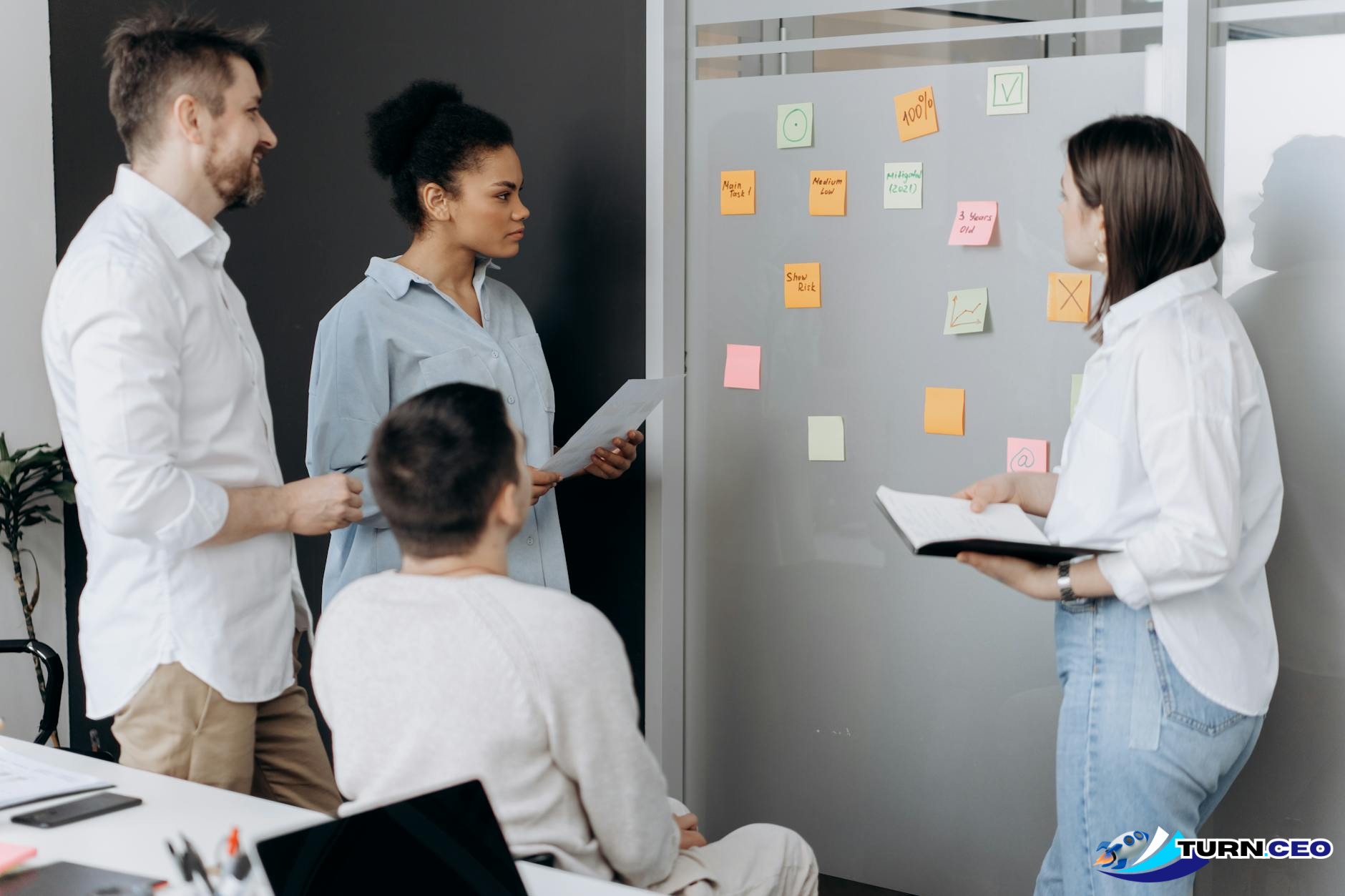 business team working with process flowcharts on whiteboard