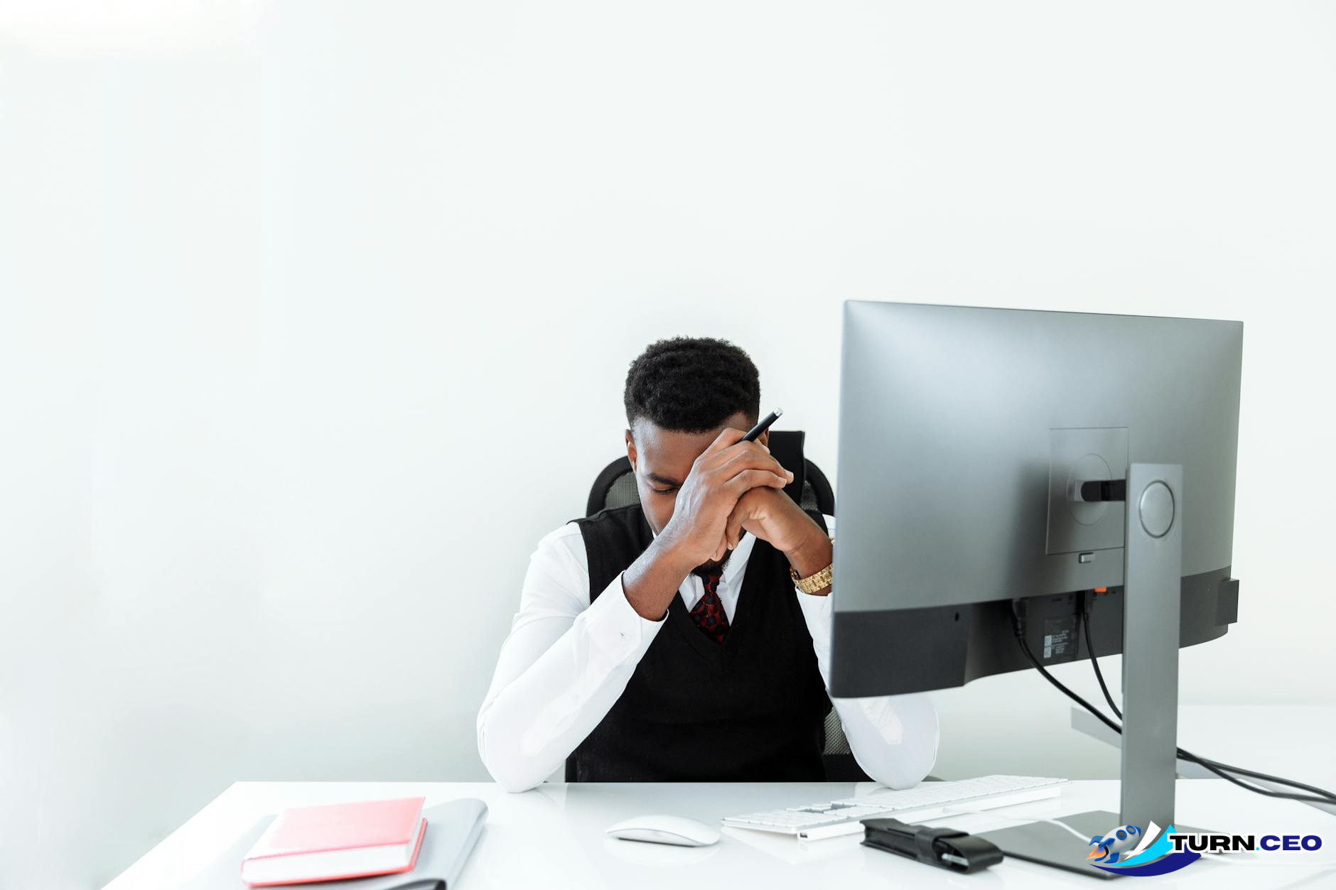 stressed business owner at desk with multiple computer monitors showing different business tasks